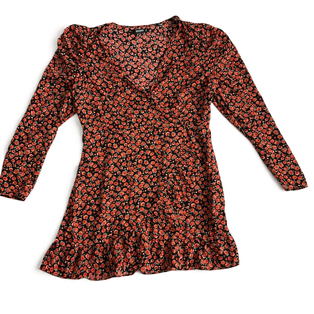 Missguided Black Red Floral Ruffle Hem Long Sleeve Faux Wrap Dress Size 12‎